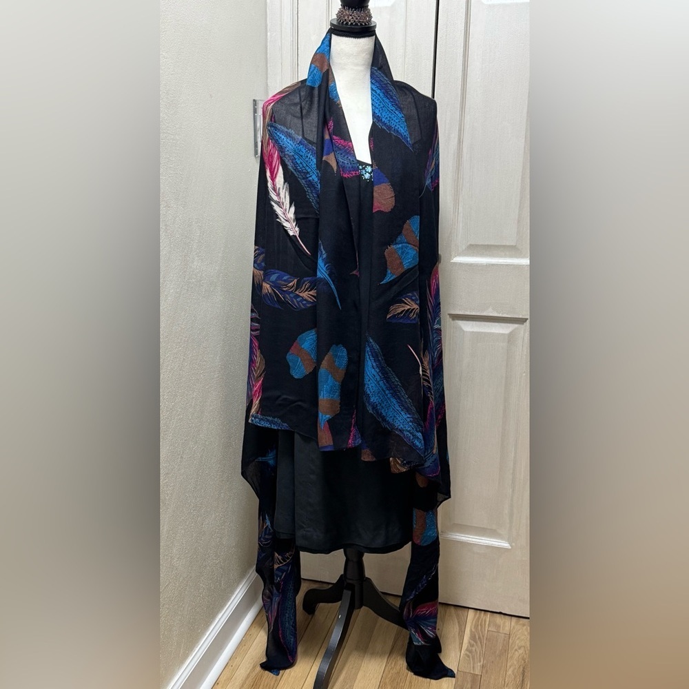 Express Black Viscose Feather Print Cozy Shawl Wrap Scarf Lightweight 112x74